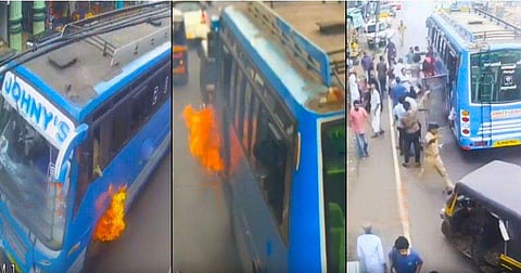 ഓടിക്കൊണ്ടിരുന്ന ബസിന് തീപിടിച്ചു ; ഭയന്നുവിറച്ച് യാത്രക്കാര്‍ ( വീഡിയോ)