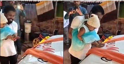 'ഐശ്വര്യത്തിന്റെ പ്രതീകം' ; പുതിയ കാറില്‍ മകളുടെ 'പാദമുദ്ര' പതിപ്പിച്ച് പിതാവ് ; അനുമോദനവുമായി മന്ത്രി ( വീഡിയോ)