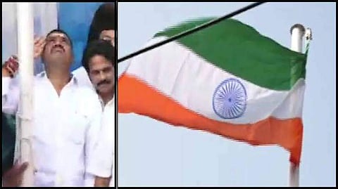 ദേശീയപതാക തലകീഴായി ഉയർത്തി, സല്യൂട്ട് ചെയ്ത് മന്ത്രി ; വിവാദം ( വീഡിയോ)