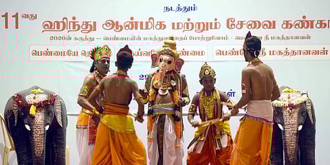 ഹിന്ദു ആധ്യാത്മിക സേവന പ്രദർശനത്തോടനുബന്ധിച്ച് ആദ്യ ദിനത്തിൽ അരങ്ങേറിയ സാംസ്കാരിക പരിപാടിയിൽ നിന്ന് / ഫോട്ടോ: എക്സ്പ്രസ്