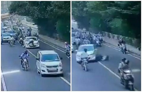 ട്രാഫിക് നിയമലംഘനം തടയാന്‍ ശ്രമിച്ചു; പൊലീസുകാരനെ ഇടിച്ച് കാറിന്റെ ബോണറ്റില്‍ കയറ്റി പാഞ്ഞു, രക്ഷപ്പെട്ടത് തലനാരിഴയ്ക്ക് (വീഡിയോ)