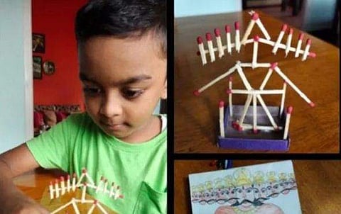 തീപ്പെട്ടി കൊള്ളികള്‍ കൊണ്ട് രാവണന്റെ രൂപം ഉണ്ടാക്കി ആറു വയസുകാരന്റെ കരവിരുത്, കത്തിച്ച് ദസറ ആഘോഷം ( വീഡിയോ)