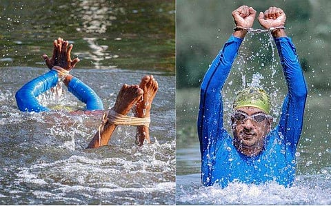 കൈകാലുകൾ കെട്ടി ഗിന്നസ് റെക്കോർഡിലേക്ക്‌ നീന്തി കയറി ഡോൾഫിൻ രതീഷ്; അഞ്ച് മണിക്കൂറിൽ താണ്ടിയത് 10 കിലോമീറ്റർ 