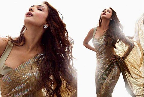 ബീജ് ഓംബ്രെ സീക്വിൻ സാരിയിൽ തിളങ്ങി മലൈക; വില 1.35 ലക്ഷം! 