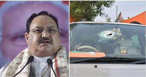 ജെപി നഡ്ഡ, ആക്രമണത്തില്‍ തകര്‍ന്ന കാര്‍ ( പിടിഐ ചിത്രം)