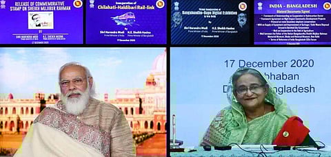 പ്രധാനമന്ത്രി നരേന്ദ്ര മോദിയും ബംഗ്ലാദേശ് പ്രധാനമന്ത്രി ഷെയ്ഖ് ഹസീനയും ഉദ്ഘാടന വേളയില്‍/ എഎന്‍ഐ
