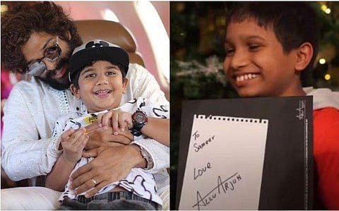 അല്ലു അർജുൻ മകൻ അയാനൊപ്പം, അല്ലു അർജുൻ നൽകിയ ഓട്ടോ​ഗ്രാഫുമായി സമീർ