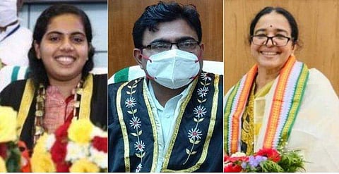 ആര്യ രാജേന്ദ്രന്‍, അനില്‍കുമാര്‍, ബിന ഫിലിപ്പ് എന്നിവര്‍ ചുമതലയേറ്റ ശേഷം