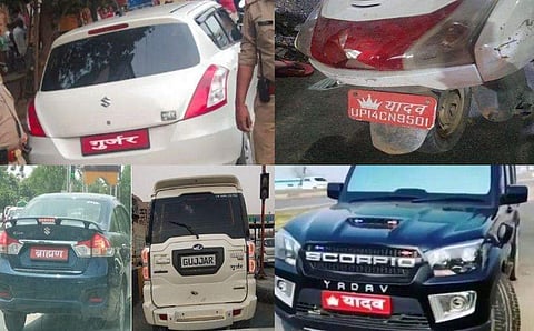 ജാതി സ്റ്റിക്കറുകള്‍ പതിച്ച വാഹനങ്ങള്‍ /ചിത്രം ഫെയ്‌സ്ബുക്ക്