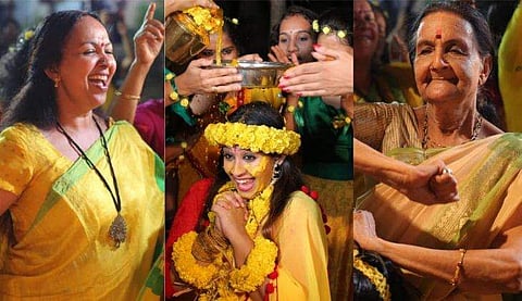 സൗഭാ​ഗ്യയ്ക്ക് സർപ്രൈസ് ഹൽദി; നൃത്തം ചെയ്ത് അമ്മയും അമ്മമ്മയും, ചിത്രങ്ങൾ 