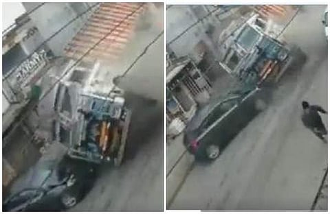 നിയന്ത്രണം വിട്ട് കൂറ്റന്‍ ട്രക്ക്; കാറിനെയും ബൈക്കിനെയും ഇടിച്ചു തെറിപ്പിച്ചു; കടയിലേക്ക് മറിഞ്ഞു, ചങ്കിടിപ്പേറ്റുന്ന ദൃശ്യം