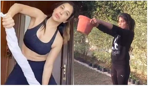 തോര്‍ത്തും പൂച്ചട്ടിയും മുതല്‍ ടോയിലറ്റ് പേപ്പര്‍ വരെ; വര്‍ക്കൗട്ട് ഇങ്ങനെയുമാകാം, താരങ്ങളുടെ പരീക്ഷണം 