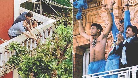 ബാല്‍ക്കണിയില്‍ വീണ്ടും ഗാംഗുലിയുടെ ഹീറോയിസം, ഉംപുണില്‍ വീണ മാവിനെ താങ്ങി ദാദ