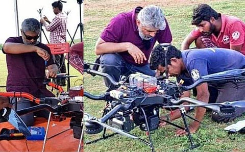 ഒരു ഏക്കർ സാനിറ്റൈസ് ചെയ്യാൻ അരമണിക്കൂർ; സൂപ്പർ ഡ്രോണുമായി തല അജിത്ത്; കയ്യടി