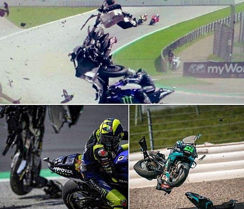 ചീറിപ്പായുന്നതിനിടെ ട്രാക്കിൽ ബൈക്കുകൾ കൂട്ടിയിടിച്ച് ചിതറി തെറിച്ചു; സൂപ്പർ താരം രക്ഷപ്പെട്ടത് തലനാരിഴയ്ക്ക്; അപകട പരമ്പര; ഞെട്ടിക്കുന്ന വീഡിയോ