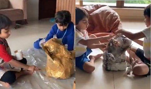 പത്രം കൊണ്ട് ഗണേശ വിഗ്രഹം ഉണ്ടാക്കി താരപുത്രന്മാര്‍, ഒപ്പം കൂടി അച്ഛന്‍ റിതേഷും; വിഡിയോ വൈറല്‍ 