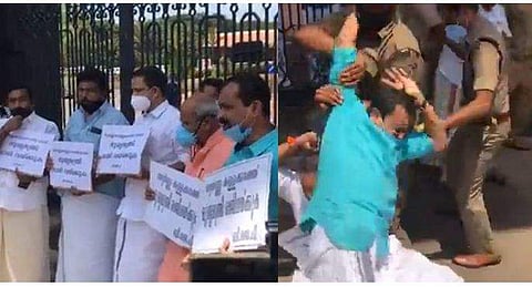 സ്പീക്കര്‍ ജനാധിപത്യത്തെ കശാപ്പു ചെയ്തു ; സഭയ്ക്ക് മുന്നില്‍ ബിജെപി പ്രതിഷേധം ; ബലപ്രയോഗം