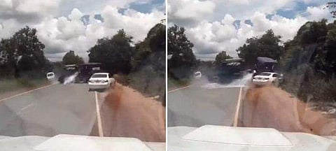 അമിത ആവേശത്തിൽ ഓവർടേക്ക്; വെട്ടിച്ച ലോറി ഇടിച്ചു കയറിയത് കാറിന് മുകളിൽ; ഞെട്ടിക്കുന്ന അപകടം (വീഡിയോ)