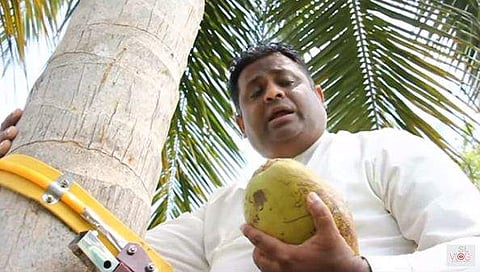 നാളീകേരം കിട്ടാനില്ല, കാര്യം ജനങ്ങളോടു പറയാന്‍ തെങ്ങില്‍ കയറി മന്ത്രി, വാര്‍ത്താസമ്മേളനം ( വീഡിയോ)