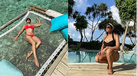 ചുവന്ന ബിക്കിനിയില്‍ കടലിനു മേലെ ഉറങ്ങി മന്ദിര ബേദി; മാലിദ്വീപ് ചിത്രങ്ങള്‍ വൈറല്‍