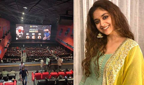 കീര്‍ത്തി സുരേഷ് മാസ്റ്റര്‍ കാണാന്‍ എത്തിയപ്പോള്‍ പങ്കുവെച്ച ചിത്രം/ ഫേയ്‌സ്ബുക്ക്‌