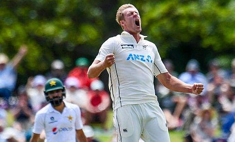 പാകിസ്ഥാന്‍ താരം മുഹമ്മദ് റിസ്വാന്റെ വിക്കറ്റ് ആഘോഷിക്കുന്ന ന്യൂസിലാന്‍ഡ് പേസര്‍ ജാമിസന്‍/ഫോട്ടോ: എപി