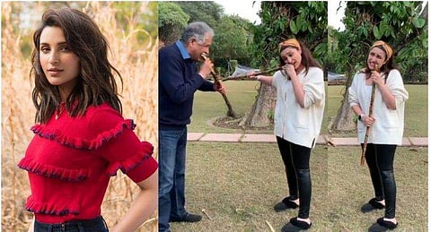 പരിണീതിയെ അച്ഛൻ കരിമ്പു തിന്നാൻ പഠിപ്പിക്കുന്നു/ ട്വിറ്റർ വിഡിയോയിൽ നിന്ന്