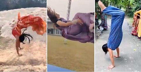 സാരിയും നൈറ്റിയുമണിഞ്ഞ് ജിംനാസ്റ്റിക് താരങ്ങളുടെ  മികവ്/വീഡിയോ ദൃശ്യം