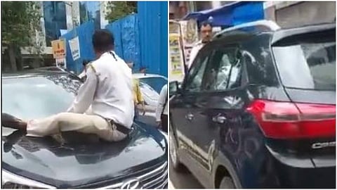 ബോണറ്റിലിരുന്ന പൊലീസുകാരനെയും കൊണ്ട് കാര്‍ ഓടിച്ചുപോകുന്നതിന്റെ വീഡിയോ ദൃശ്യം