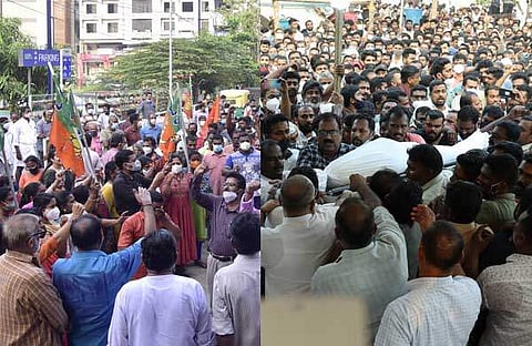 കൊലപാതകത്തില്‍ പ്രതിഷേധിച്ച് ബിജെപി നടത്തിയ പ്രകടനം, എസ്ഡിപിഐ നേതാവ് ഷാനിന് അന്ത്യാഞ്ജലി അര്‍പ്പിക്കുന്നവര്‍/എക്‌സ്പ്രസ്‌