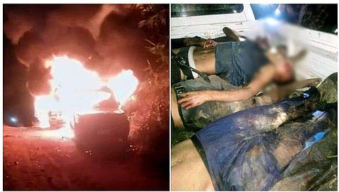 വാഹനങ്ങൾ നാട്ടുകാർ അ​ഗ്നിക്കിരയാക്കുന്നു, വെടിവെയ്പ്പിൽ കൊല്ലപ്പെട്ടവർ/ എഎൻഐ ചിത്രം