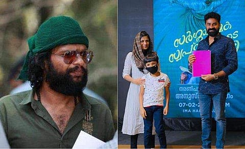 ഷാനവാസ് നരണിപ്പുഴ, ഷാനവാസിന്റെ ആ​ദ്യ സ്ക്രിപ്റ്റ് അദ്ദേഹത്തിന്റെ ഭാര്യയും മകനും ചേർന്ന് വിജയ് ബാബുവിന് കൈമാറുന്നു/ ഫേയ്സ്ബുക്ക്