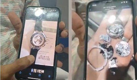 പരിശോധനയ്ക്ക് കൊണ്ടുപോകുന്നതിന് മുൻപ് വാച്ച്, കസ്റ്റംസ് പരിശോധനയ്ക്ക് ശേഷം/ ഫേയ്സ്ബുക്ക് വിഡിയോ ദൃശ്യം