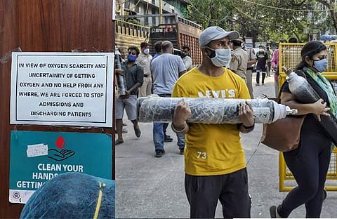 1. ഓക്‌സിജന്‍ ക്ഷാമം മൂലം രോഗികളെ പ്രവേശിപ്പിക്കില്ലെന്ന ആശുപത്രിയുടെ അറിയിപ്പ്/ട്വിറ്റര്‍ 2. ആശുപത്രിയിലേക്ക് ഓക്‌സിജന്‍ സിലിണ്ടറുമായി വരുന്നവര്‍/പിടിഐ