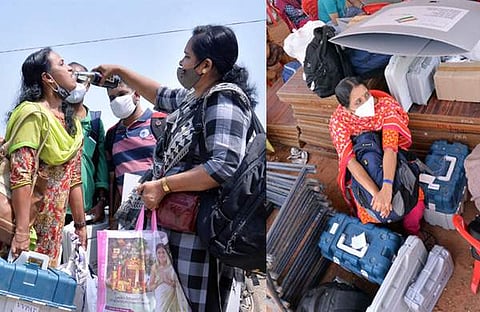 വിതരണ കേന്ദ്രങ്ങളില്‍നിന്ന് പോളിങ് സാമഗ്രികളുമായി പോവുന്ന വനിതാ ഉദ്യോഗസ്ഥര്‍/എക്‌സ്പ്രസ് ഫോട്ടോ
