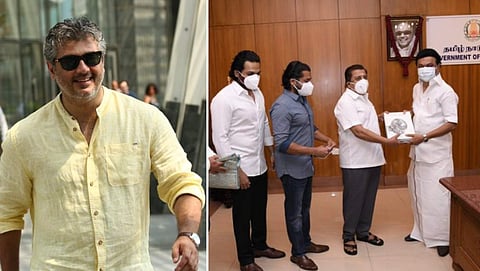 അജിത്ത്, സൂര്യയും കാർത്തിയും തമിഴ്നാട് മുഖ്യമന്ത്രി എംകെ സ്റ്റാലിന് ചെക്ക് കൈമാറുന്നു/ ട്വിറ്റർ