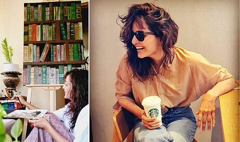 മഞ്ജു വാര്യർ തന്റെ പെയിന്റിങ്ങുമായി/ ഫേയ്സ്ബുക്ക്