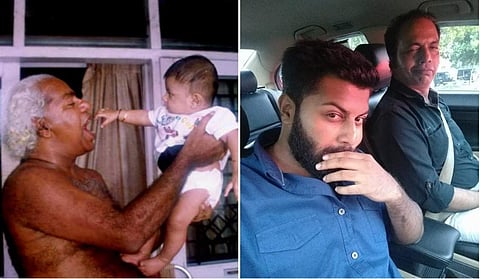 ഷമ്മി തിലകന്റെ മകൻ അഭിമന്യുവിനെ കളിപ്പിക്കുന്ന തിലകൻ, ഷമ്മി തിലകനും അഭിമന്യുവും/ ഫേയ്സ്ബുക്ക്