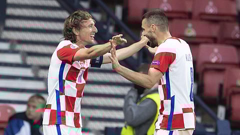 സ്കോട്ട്ലാൻഡിനെതിരെ ജയം നേടിയ മോഡ്രിച്ചിന്റെ ആഘോഷം/ഫോട്ടോ: ക്രൊയേഷ്യൻ ഫുട്ബോൾ, ട്വിറ്റർ