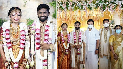 ഐശ്വര്യയും രോഹിത്തും വിവാഹവേളയിൽ, ശങ്കറിന്റെ മകളുടെ വിവാഹച്ചടങ്ങിൽ പങ്കെടുക്കാൻ എത്തിയ എം കെ സ്റ്റാലിൻ/ ട്വിറ്റർ