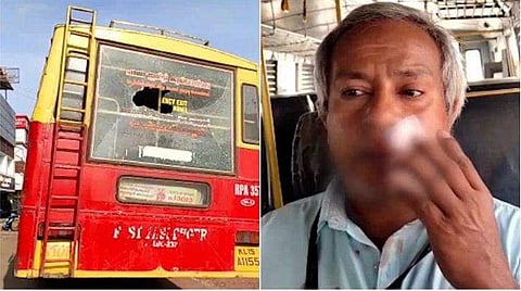 കല്ലേറില്‍ തകര്‍ന്ന ബസ്, പരിക്കേറ്റ കണ്ടക്ടര്‍ സന്തോഷ് / ടെലിവിഷന്‍ ചിത്രം