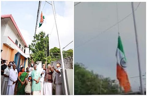 ദേശീയ പതാക ഉയര്‍ത്തിയ ശേഷം സുരേന്ദ്രന്‍ ഫെയ്‌സ്ബുക്കില്‍ പങ്കുവച്ച ചിത്രം, തലതിരിച്ചുയര്‍ത്തിയ പതാക/ടെലിവിഷന്‍ ചിത്രം