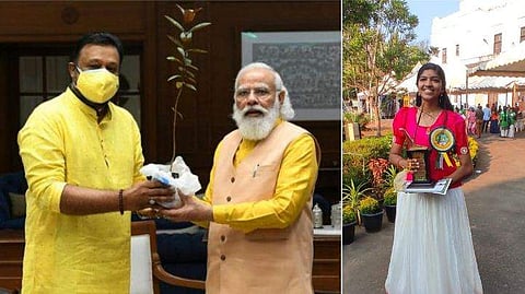 സുരേഷ് ഗോപി  തൈ മോദിക്ക് സമ്മാനിക്കുന്നു/ ഫെയ്‌സ്ബുക്ക് ചിത്രം, ജയലക്ഷ്മി