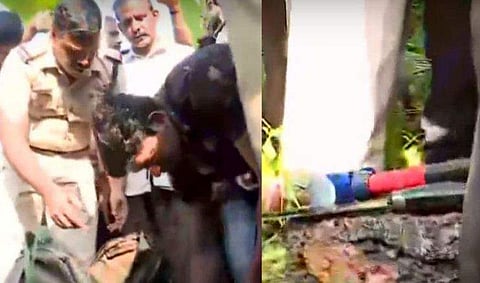 തെളിവെടുപ്പിനിടെ പ്രതി ശ്യാംജിത്ത് ആയുധങ്ങൾ പൊലീസിന് എടുത്തുകൊടുക്കുന്നു/ ടെലിവിഷൻ ദൃശ്യം