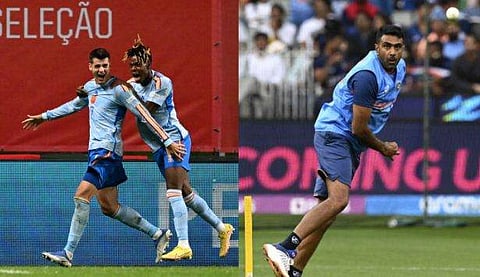 സ്‌പെയ്ന്‍ മുന്നേറ്റനിര താരം അല്‍വാരോ മൊറാട്ട, നികോ വില്യംസ്, ആര്‍ അശ്വിന്‍/ഫോട്ടോ: എഎഫ്പി