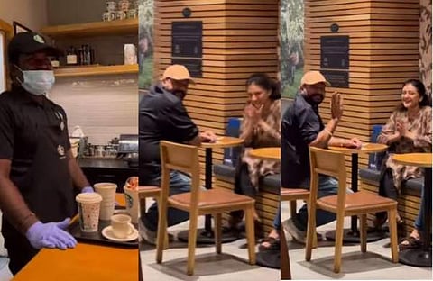 ജീവനക്കാരന്റെ ഡയലോ​ഗു കേട്ട് ചിരിക്കുന്ന ജയറാമും പാർവതിയും/ വിഡിയോ സ്ക്രീൻഷോട്ട്