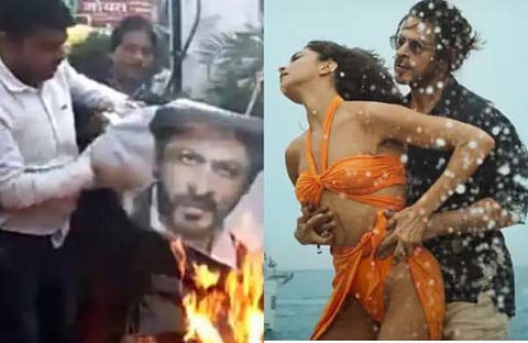 ഷാരുഖിന്റെ കോലം കത്തിക്കുന്നവർ, പത്താനിലെ പാട്ടിൽ ഷാരുഖും ദീപികയും/ വിഡിയോ സ്ക്രീൻഷോട്ട്