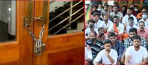 ബിജെപി ഓഫീസ് പ്രവര്‍ത്തകര്‍ താഴിട്ടുപൂട്ടിയതിന്റെ ടെലിവിഷന്‍ ദൃശ്യം