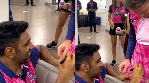 ബട്ട്‌ലറിന് ഓട്ടോഗ്രാഫ് നല്‍കി അശ്വിന്‍/ഫോട്ടോ: വീഡിയോ ദൃശ്യം