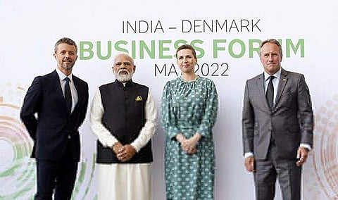 ഇന്ത്യ-ഡെൻമാർക്ക് ബിസിനസ് ഫോറത്തിൽ പ്രധാനമന്ത്രി നരേന്ദ്ര മോദിയും ഡെൻമാർക്ക് പ്രധാനമന്ത്രി മെറ്റെ ഫ്രെഡറിക്സനും പങ്കെടുക്കുന്നു/ചിത്രം: എഎൻഐ